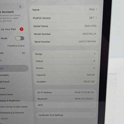 WiFi Only Apple iPad 11" (A16) 128GB Silver MD3Y4LL/A
