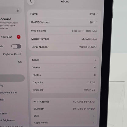 WiFi Only Apple iPad Air 11" M2 128GB Space Gray MUWC3LL/A
